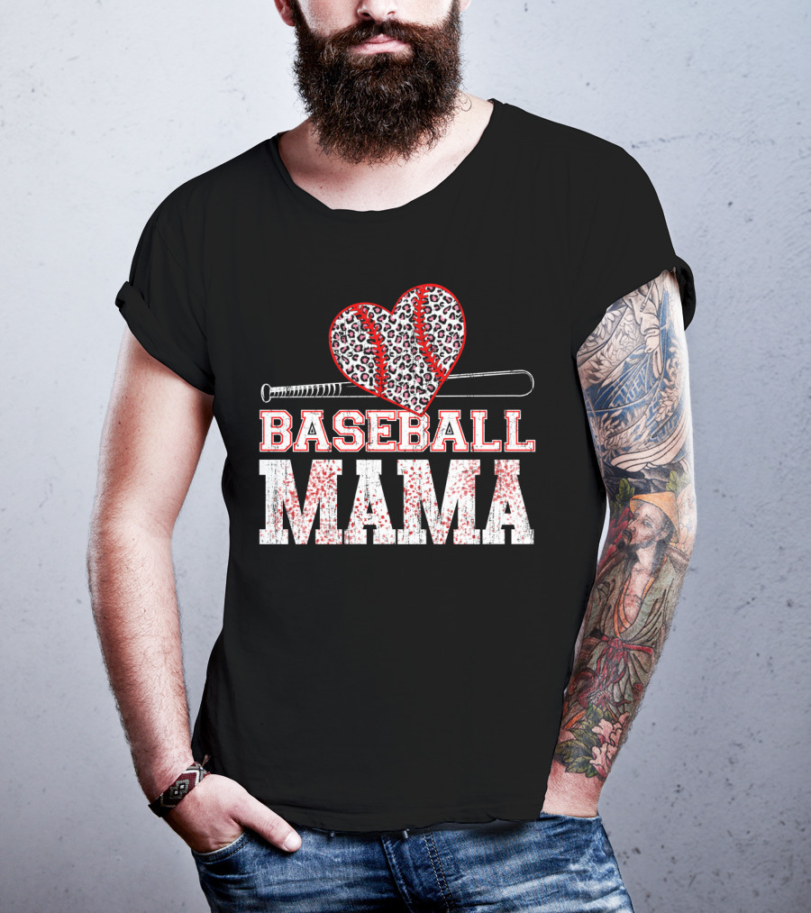 Baseball Mama Leopard Heart Bat T-Shirt