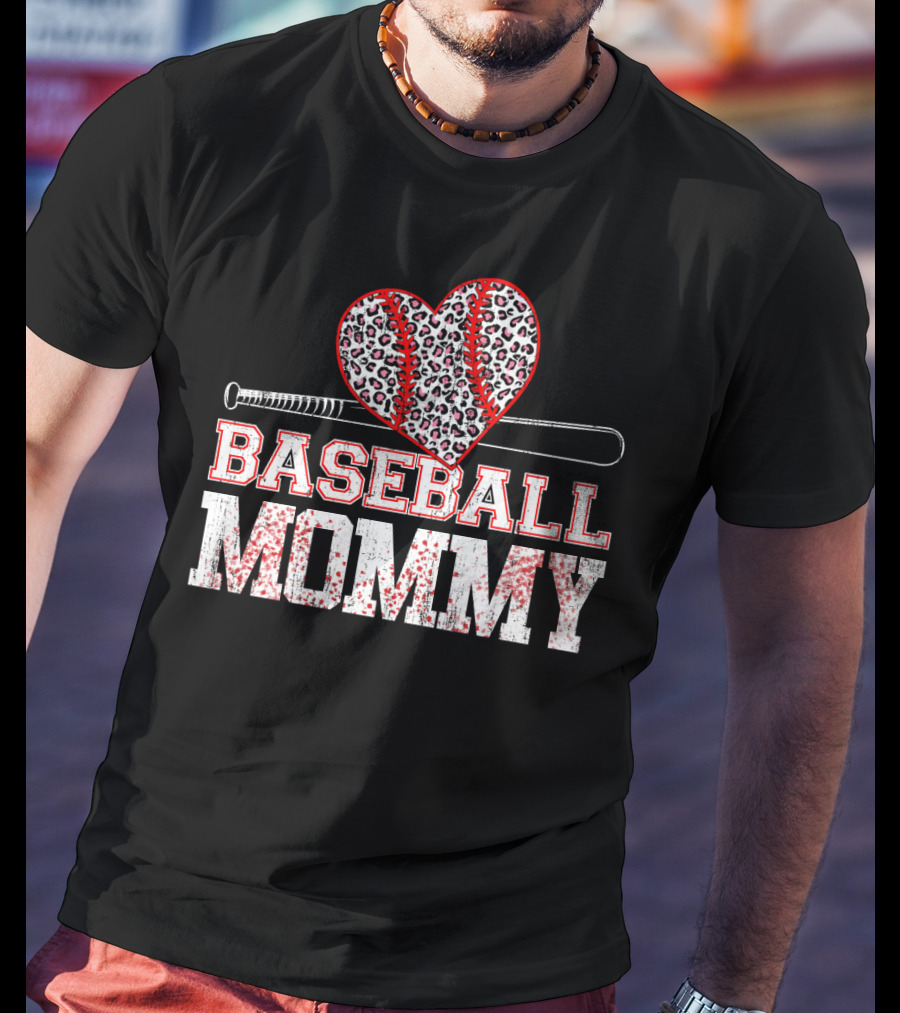 Baseball Mommy Leopard Heart With Bat T-Shirt