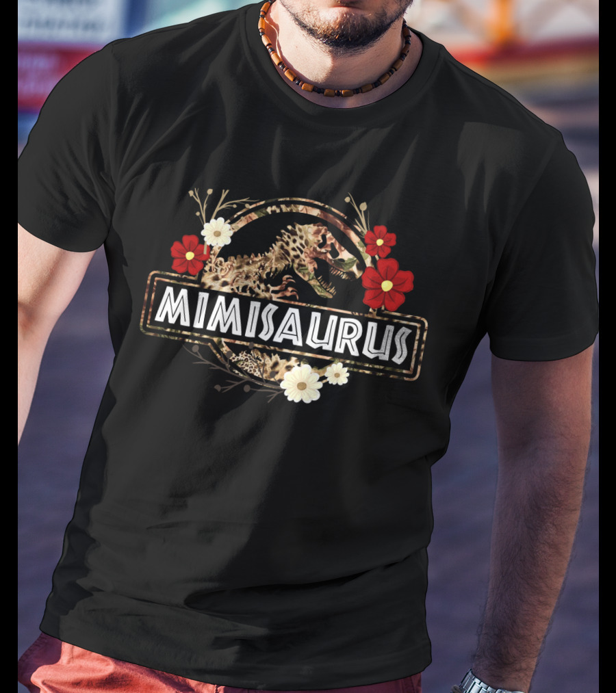 Mimisaurus Dinosaur Floral Design With Red And White Flowers T-Shirt