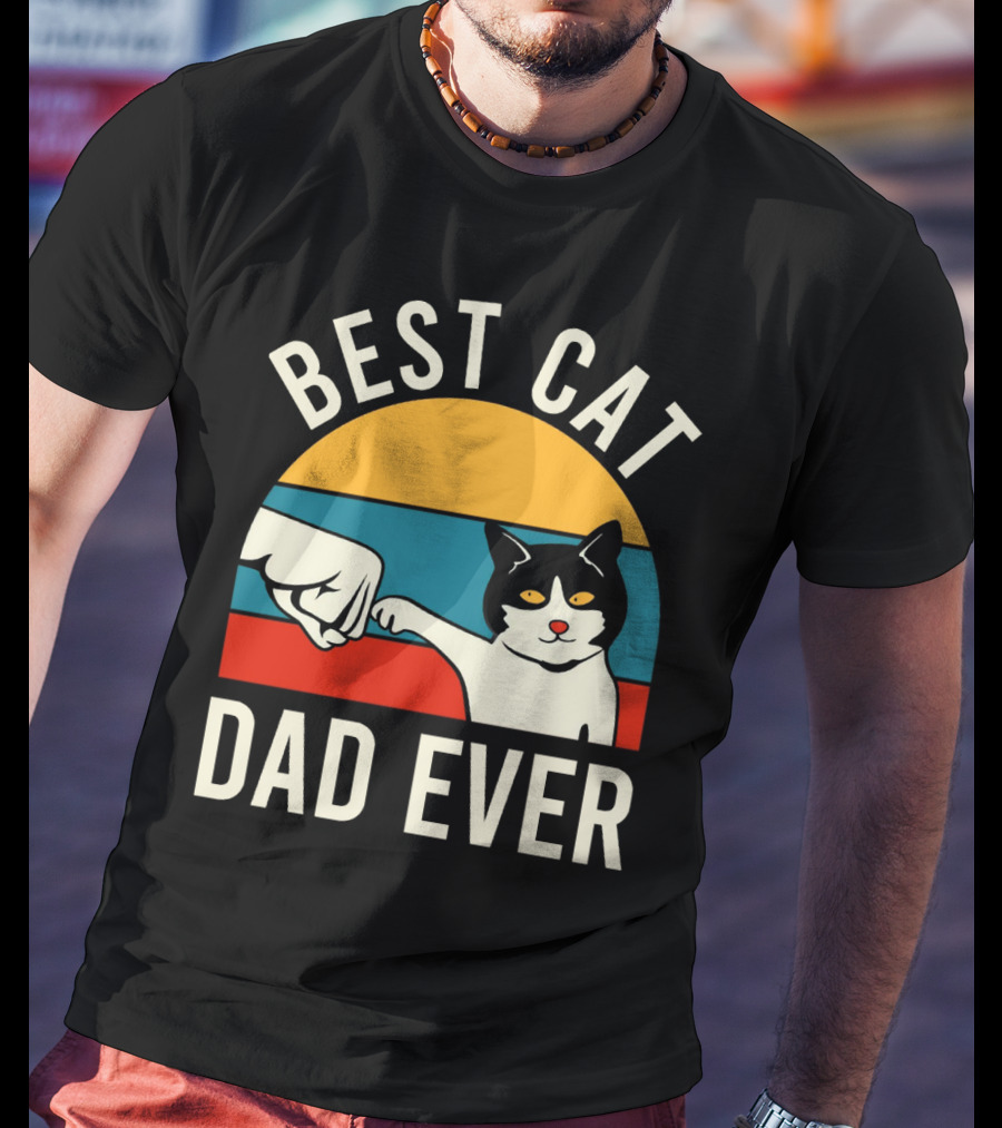 Best Cat Dad Ever Vintage Retro Cat Fist Bump Sunburst T-Shirt