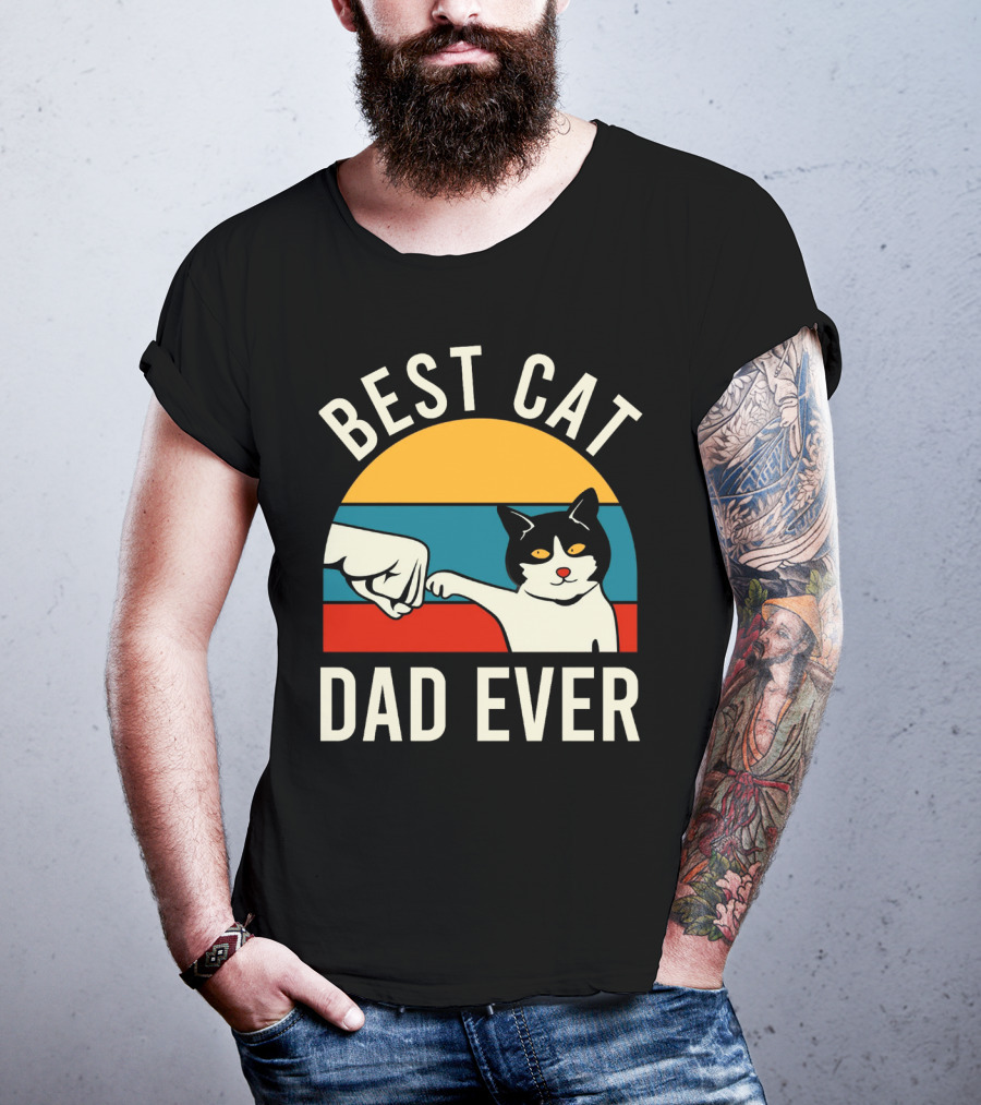 Best Cat Dad Ever Vintage Retro Cat Fist Bump Sunburst T-Shirt