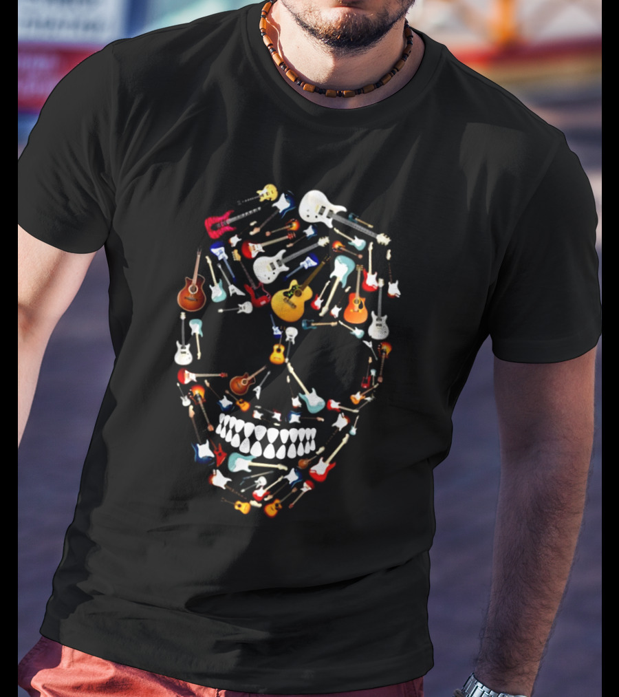 Guitar Skull Design Featuring Colorful Electric And Acoustic Instruments T-Shirt