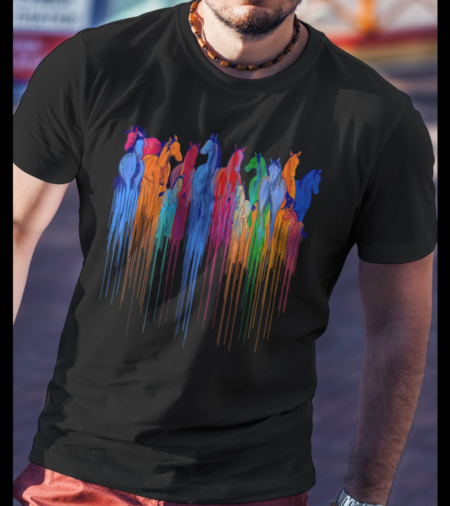 Horse Watercolor Rainbow Drip Multi-Color Herd T-Shirt