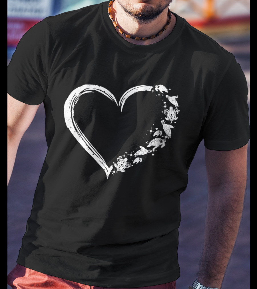 Turtle Heart Sketch Heart Shape With Sea Turtles And Stars T-Shirt