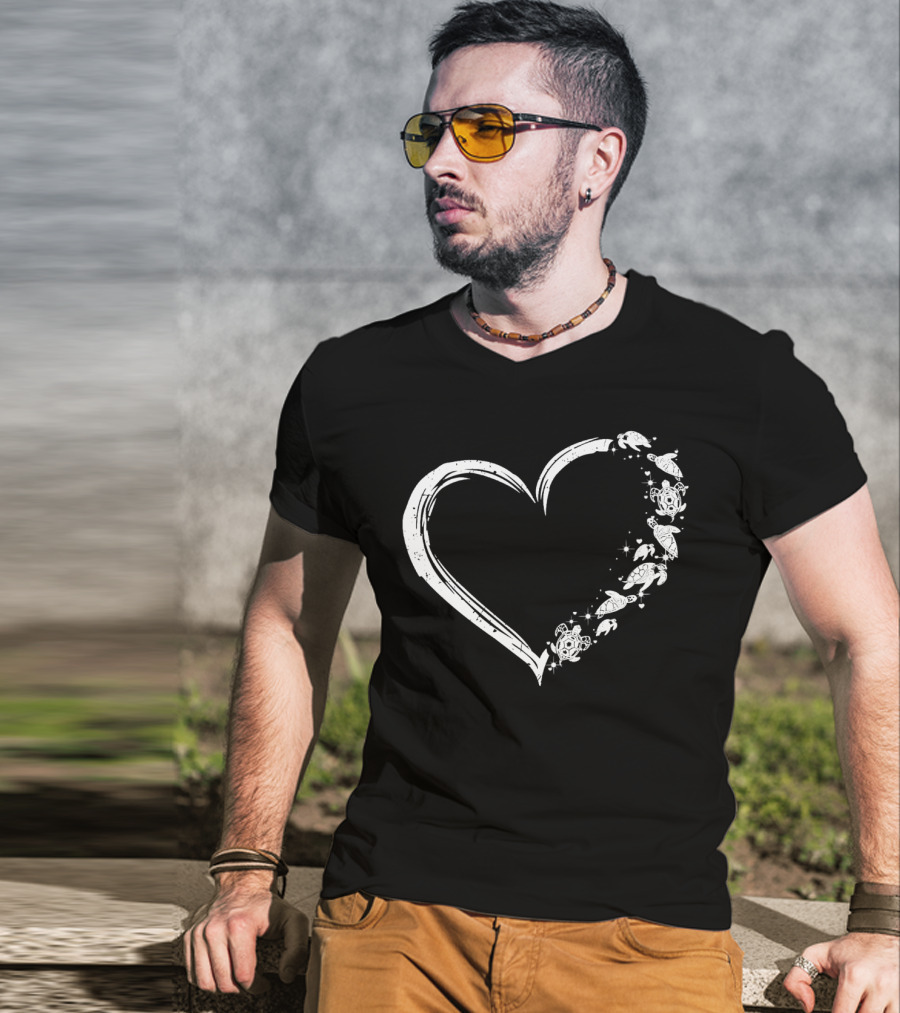 Turtle Heart Sketch Heart Shape With Sea Turtles And Stars T-Shirt