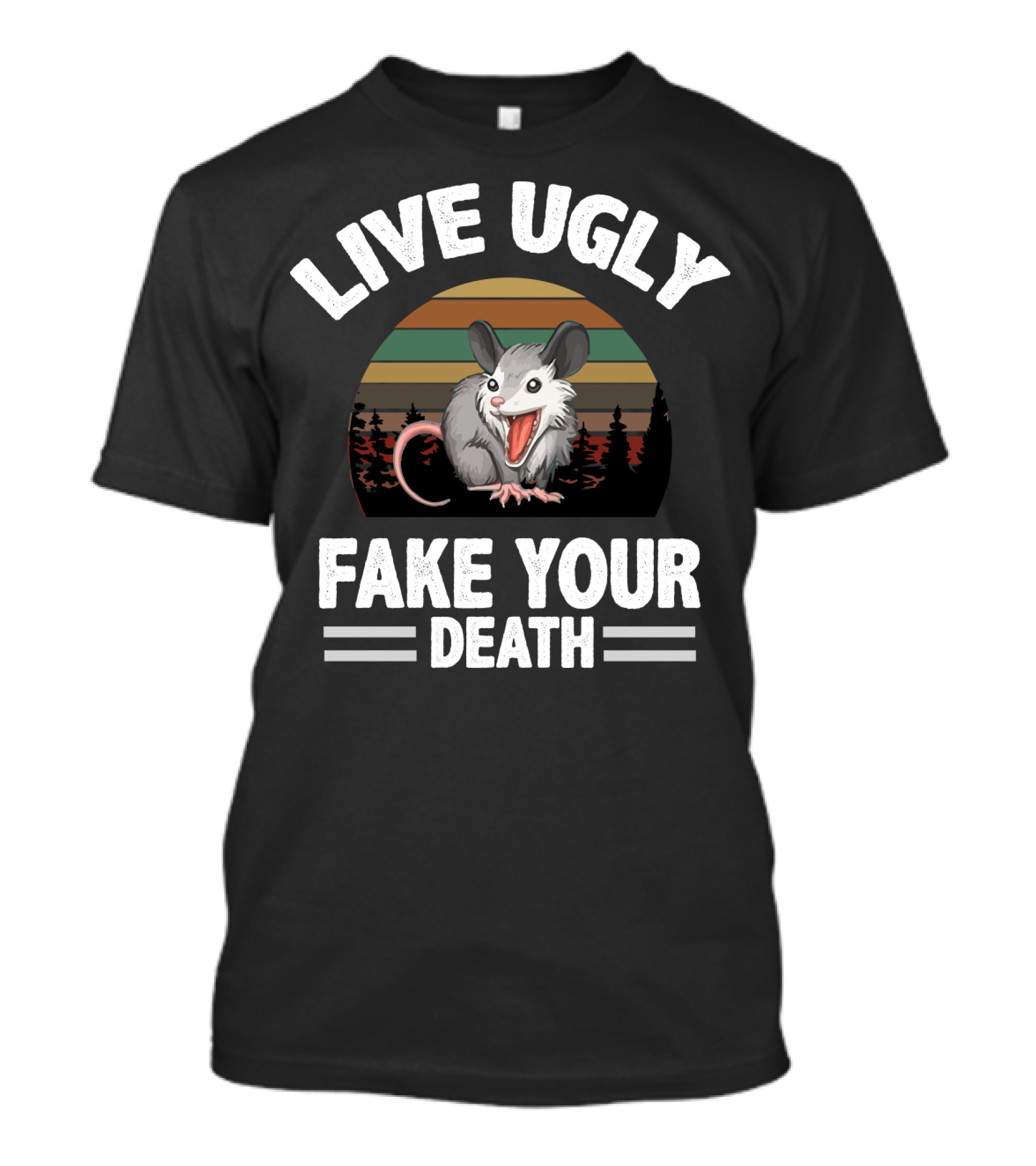Live Ugly Fake Your Death Cool Angry Opossum Retro Sunset T-Shirt