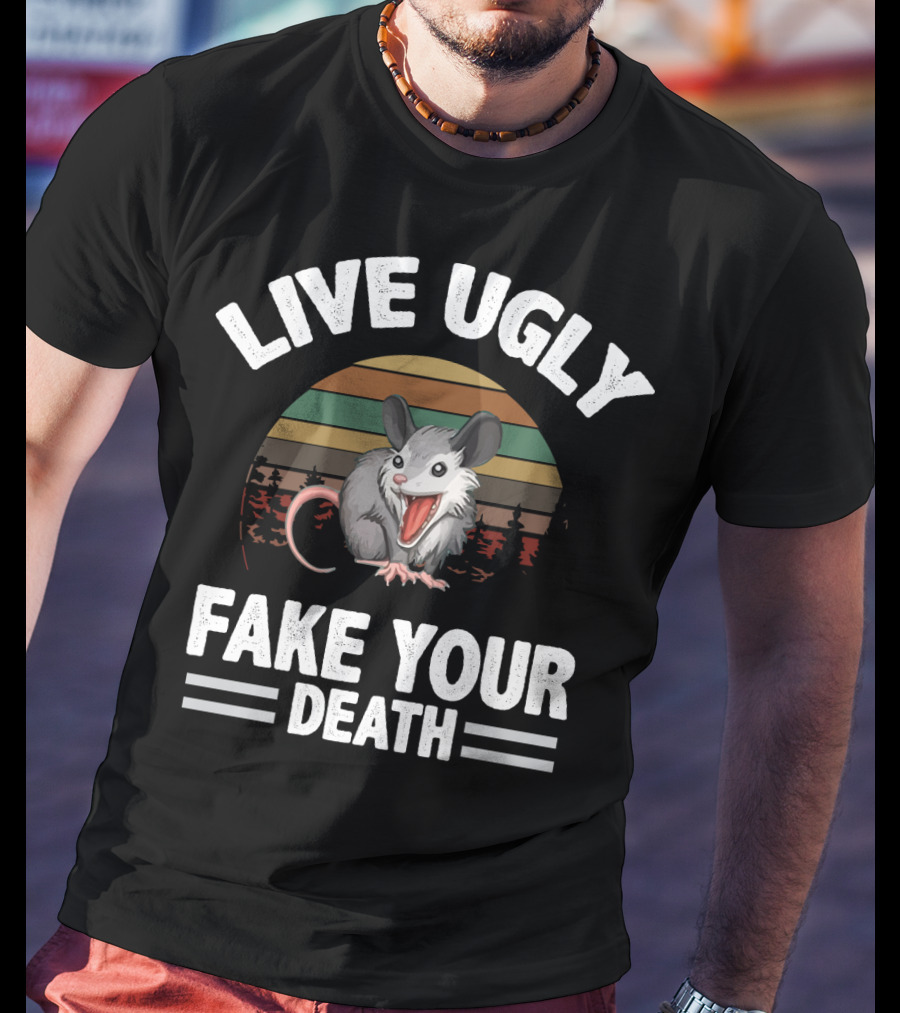 Live Ugly Fake Your Death Cool Angry Opossum Retro Sunset T-Shirt
