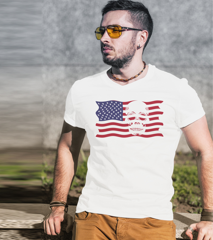 Hold The Line Thin Blue Line Skull USA Flag T-Shirt