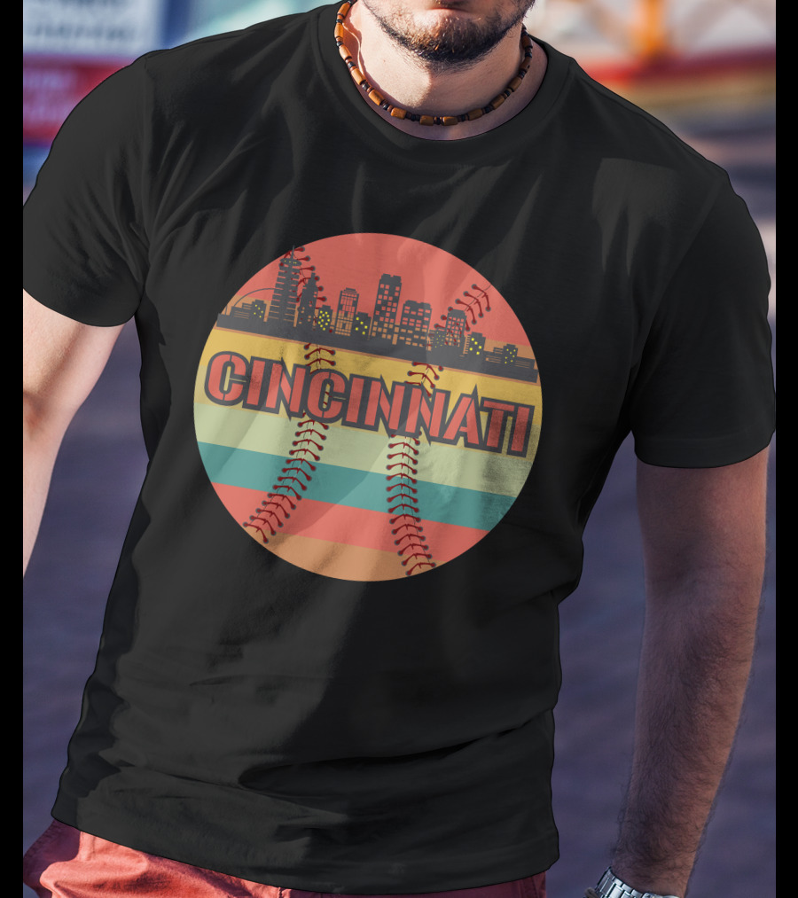 Cincinnati Skyline Vintage Baseball Cityscape Retro Stripes T-Shirt