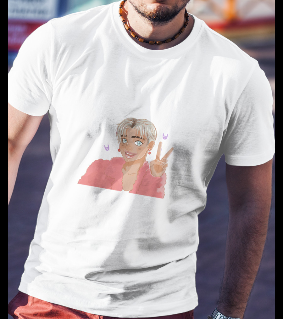 Brad Mondo Cartoon Peace Sign Character With Pastel Pink Jacket And Playful Expressions T-Shirt