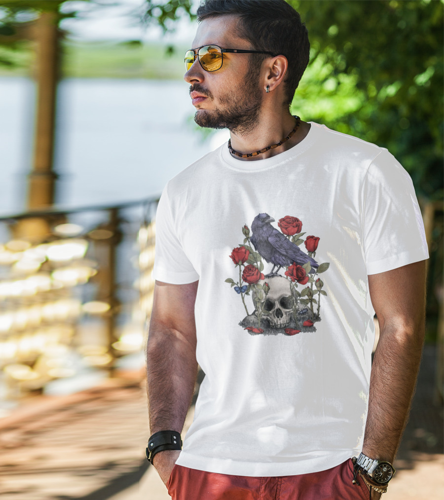 Memento Mori Skull With Raven And Roses T-Shirt
