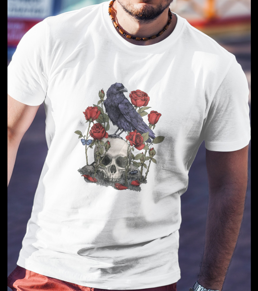 Memento Mori Skull With Raven And Roses T-Shirt