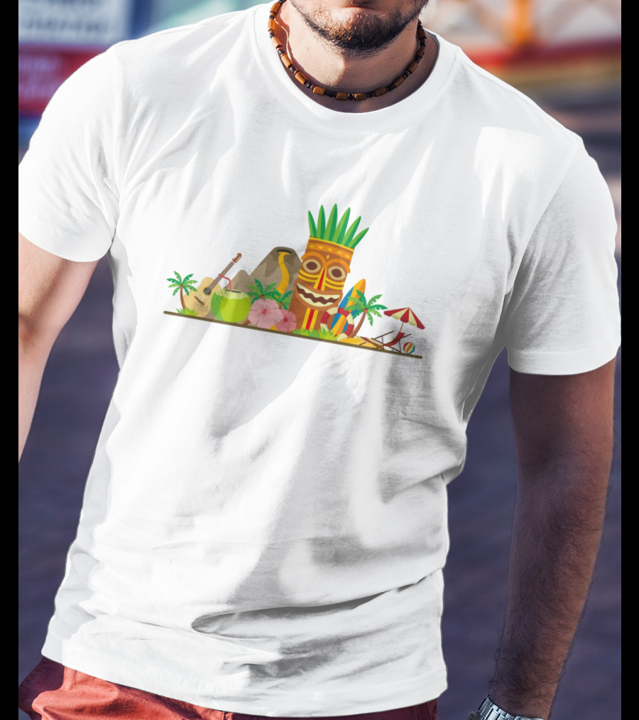 Hawaiian Tiki Mask Surfboards And Ukulele Tropics T-Shirt
