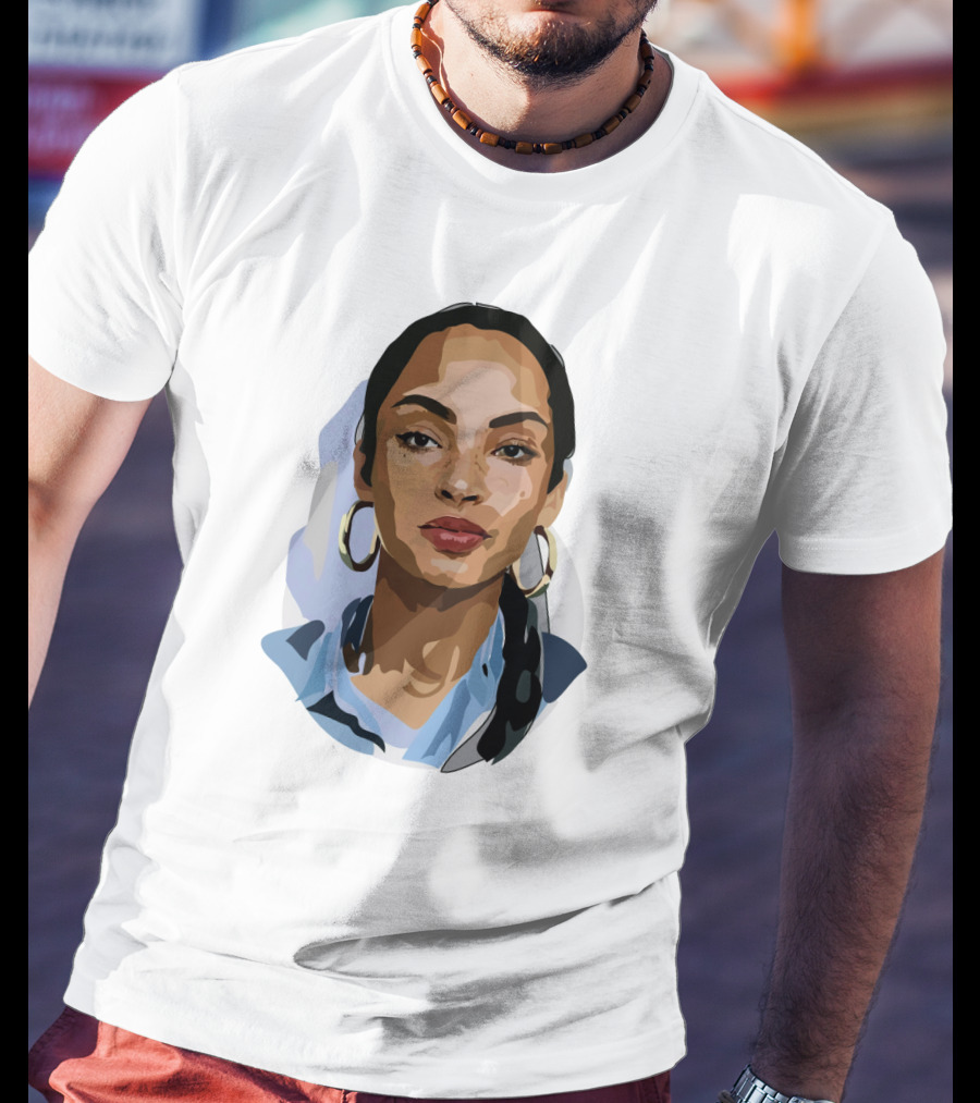 Sade Adu Portrait With Blue Shirt And Hoop Earrings T-Shirt