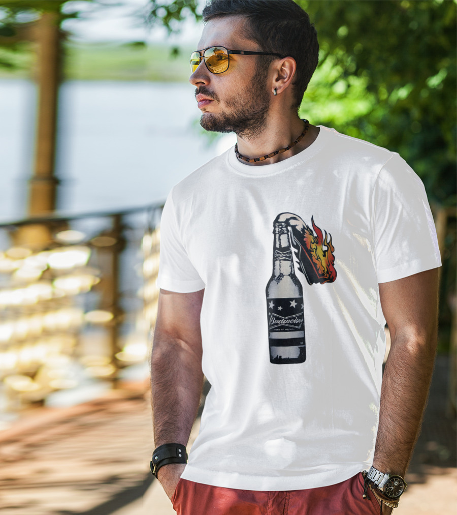 Budweiser Bottle With Stars And Flame Burst T-Shirt
