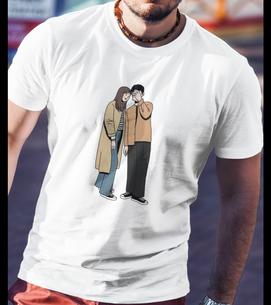 Couple In Casual Streetwear With Oversized Coat And Sneakers T-Shirt