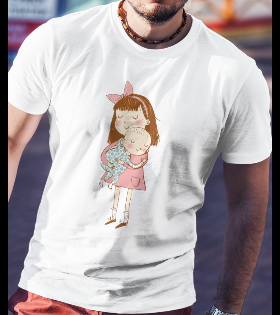 Big Sister Embracing Baby With Pink Bow Matching T-Shirt