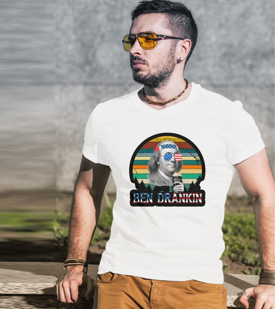 Ben Drankin American Patriotic Sunglasses Benjamin Franklin With Beer And Stripes T-Shirt