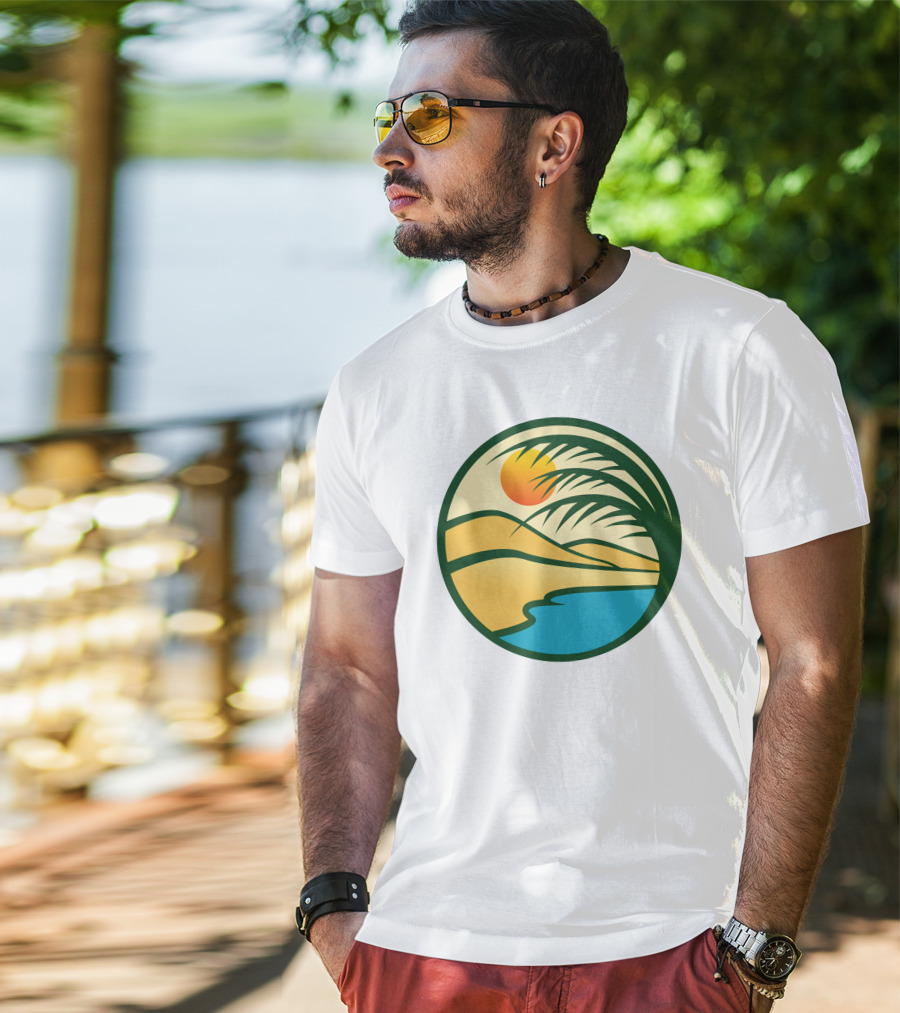 Oasis Desert Sunset With Palm And Water Scene T-Shirt
