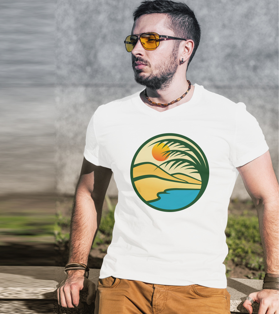 Oasis Desert Sunset With Palm And Water Scene T-Shirt