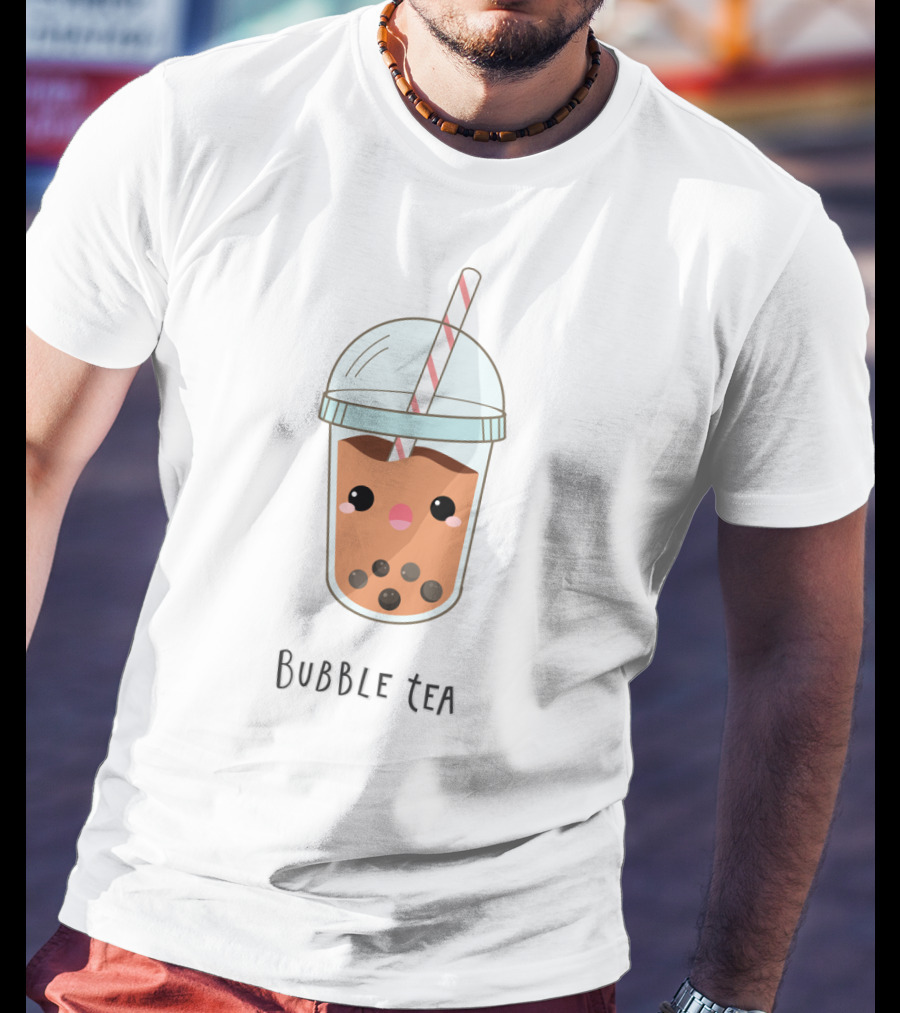 Bubble Tea Cute Kawaii Face With Straw And Pearls T-Shirt