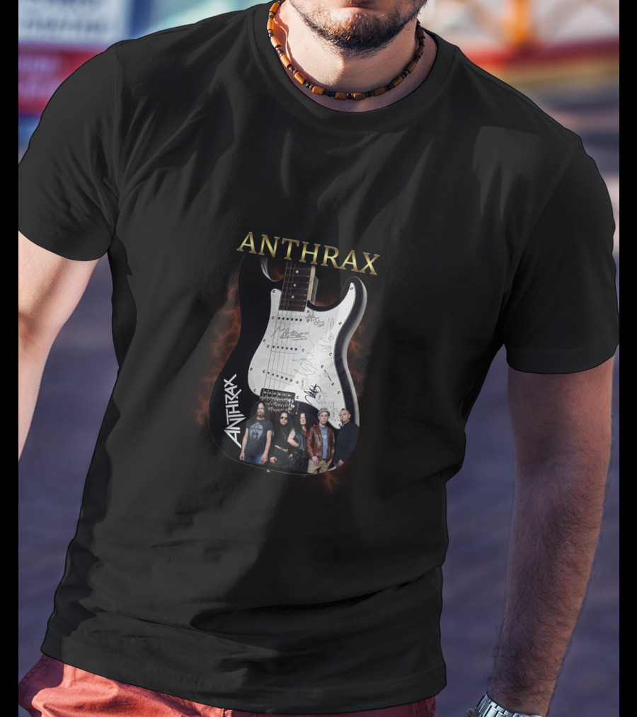 ANTHRAX Band Members Signatures On Electric Guitar T-Shirt
