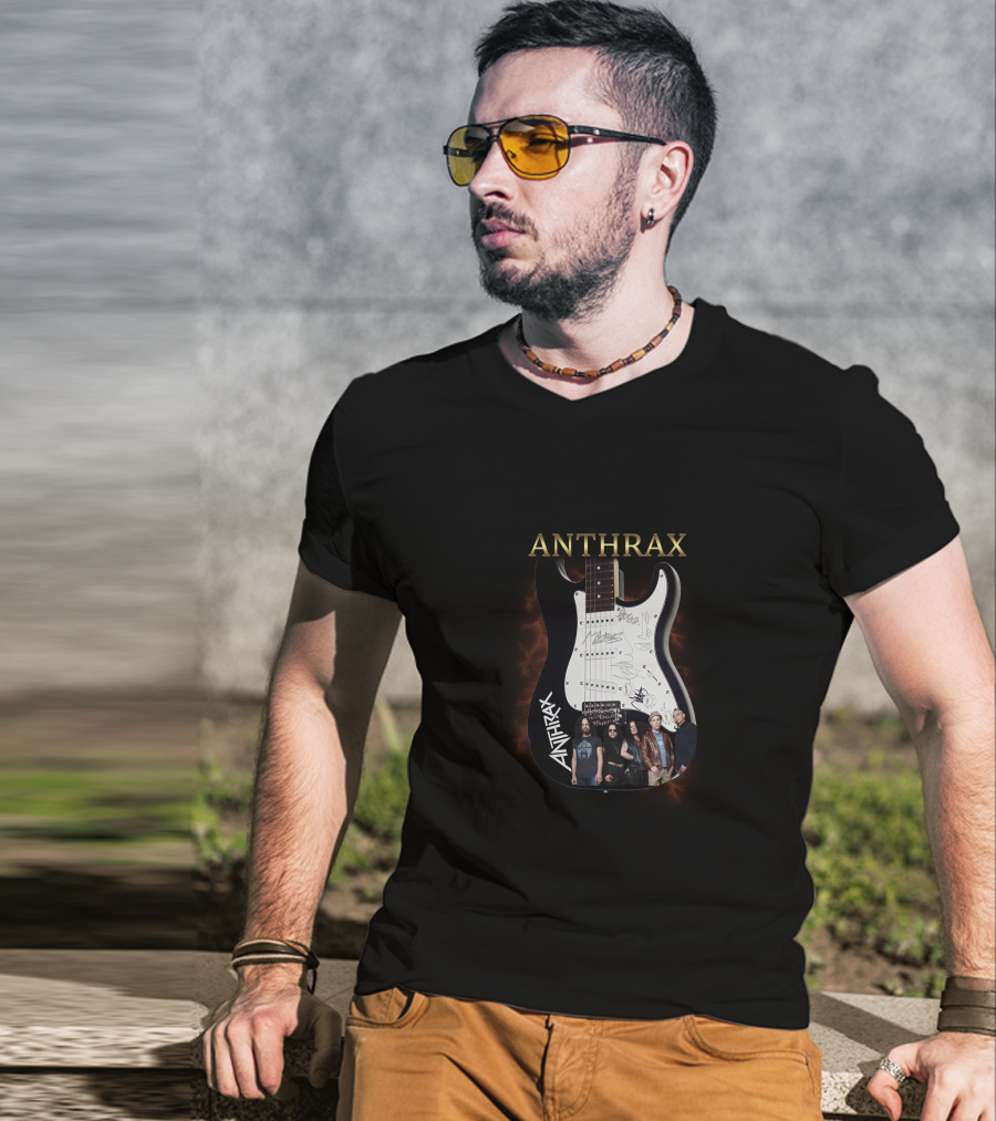ANTHRAX Band Members Signatures On Electric Guitar T-Shirt
