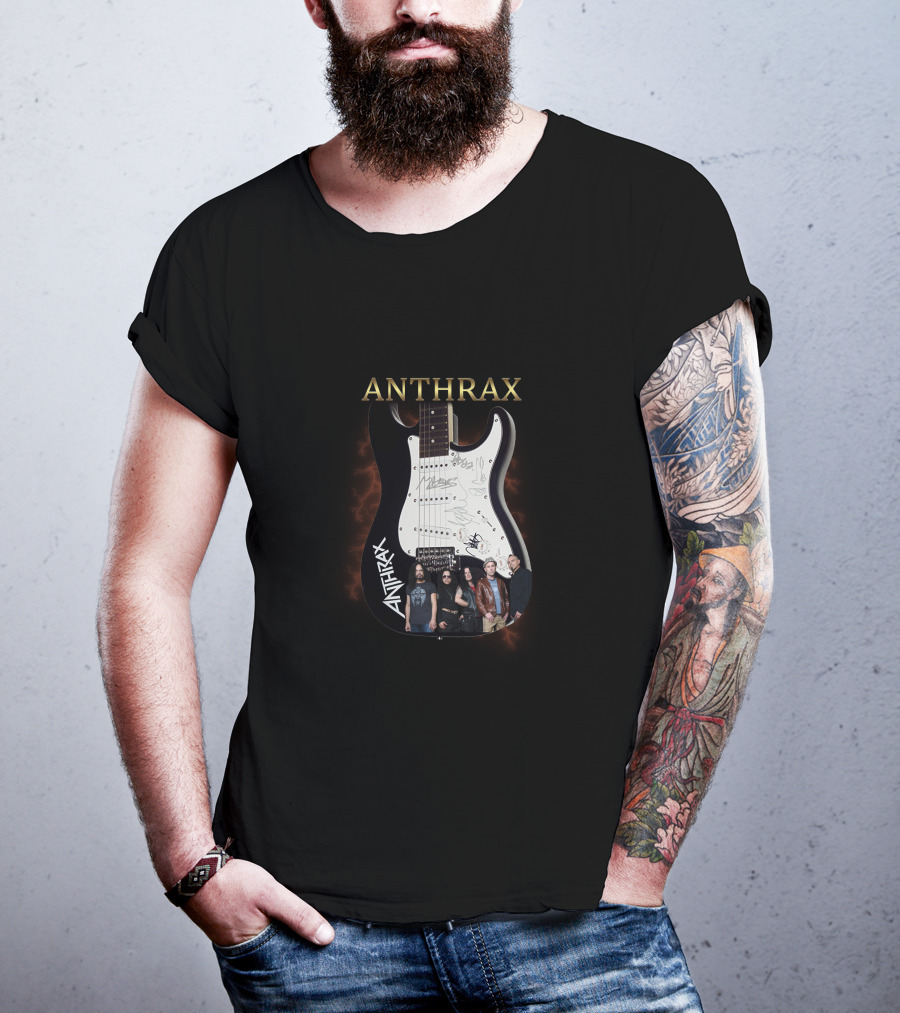 ANTHRAX Band Members Signatures On Electric Guitar T-Shirt