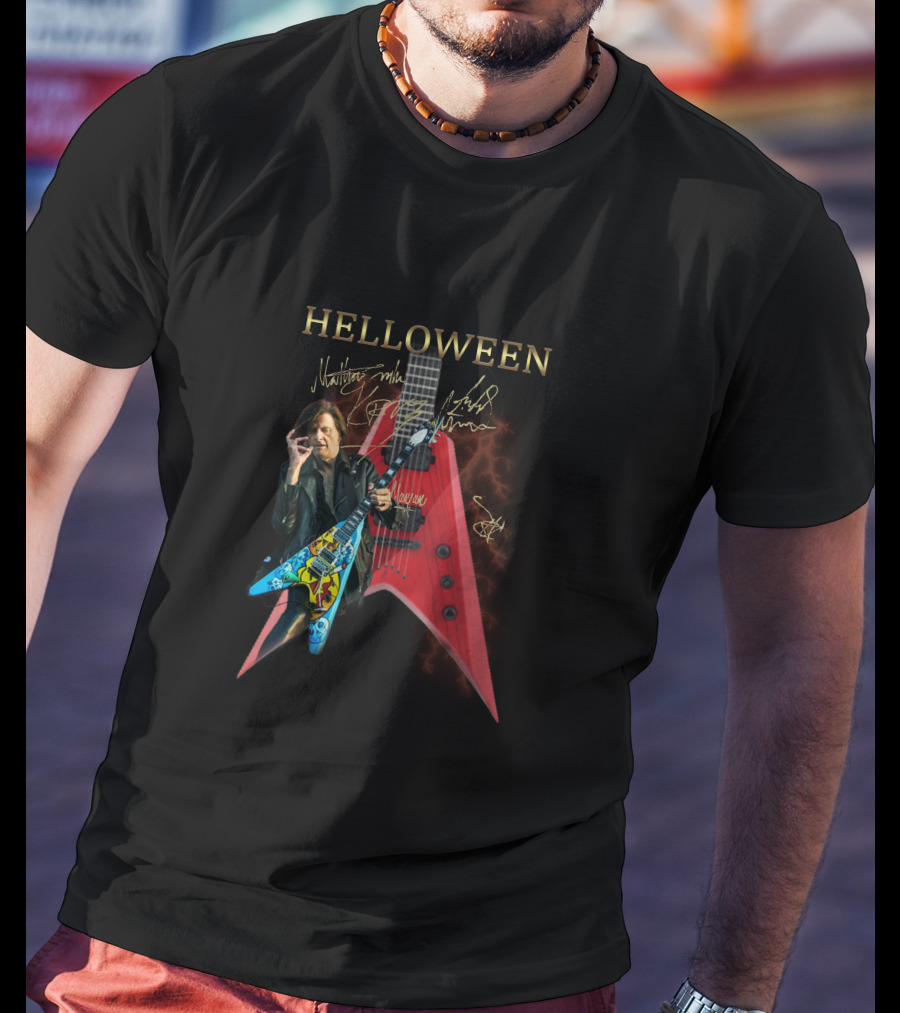 Helloween Signature Guitar With Autographs And Musician Playing Electric Guitar T-Shirt