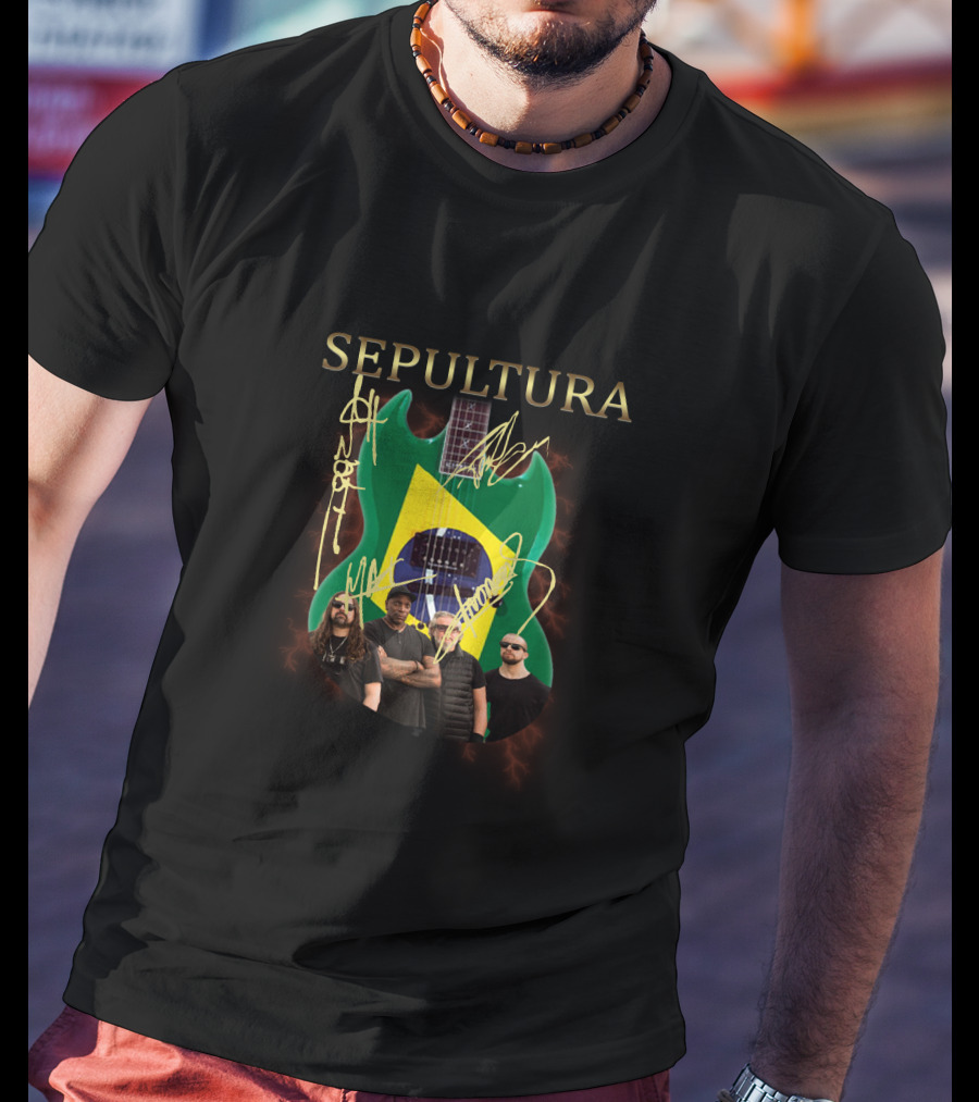 SEPULTURA Brazil Flag Guitar With Band Signatures T-Shirt