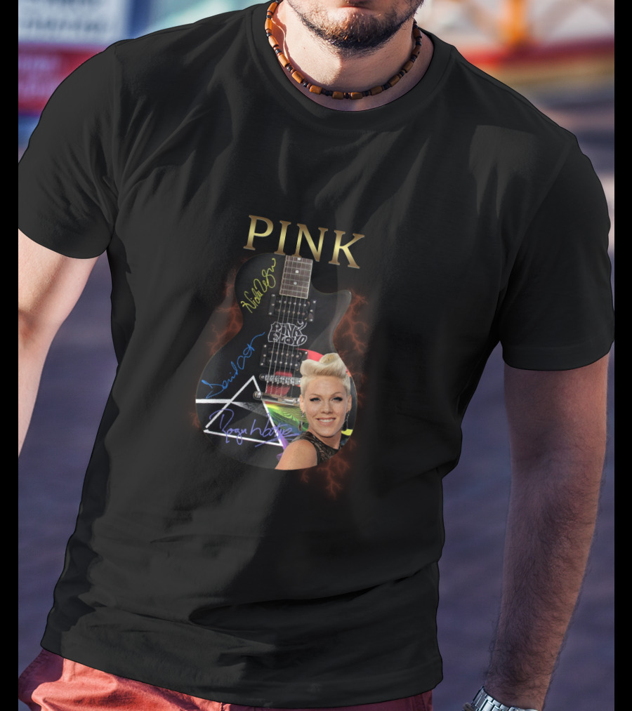 PINK Dark Side Guitar With Autographs T-Shirt