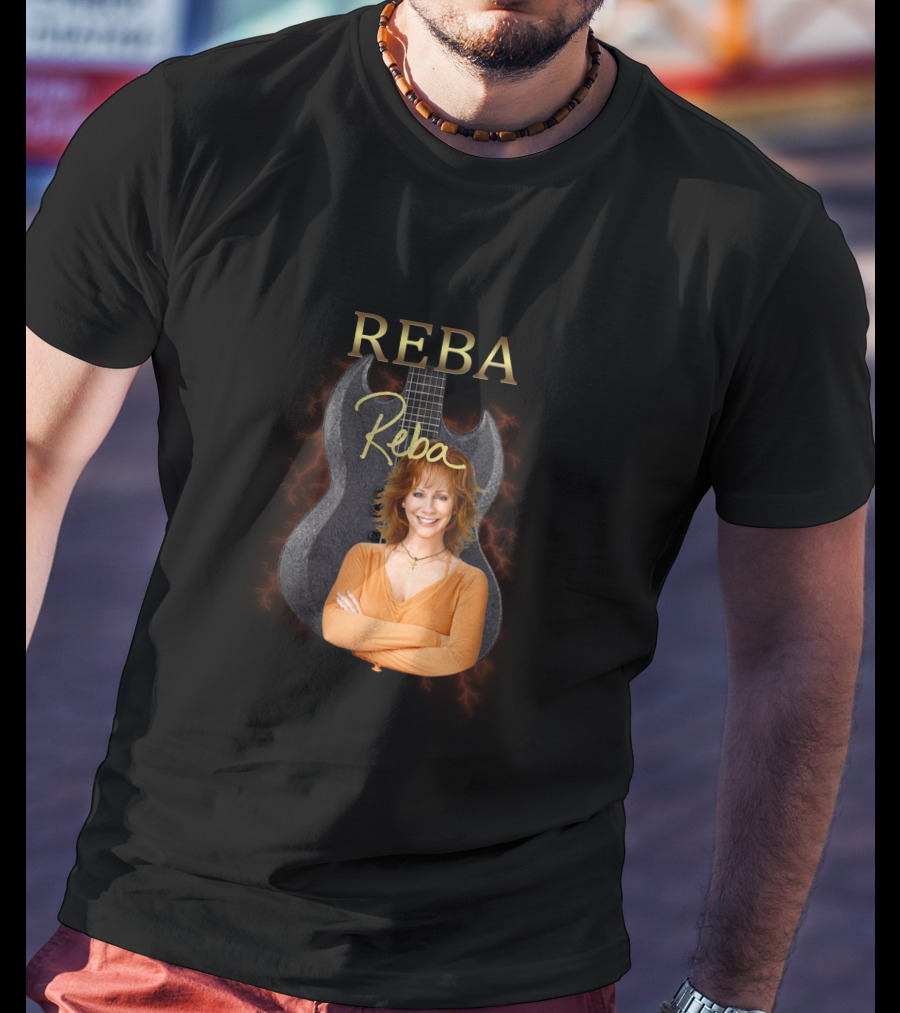 REBA Signature Guitar With Portrait On Black Electric Background T-Shirt