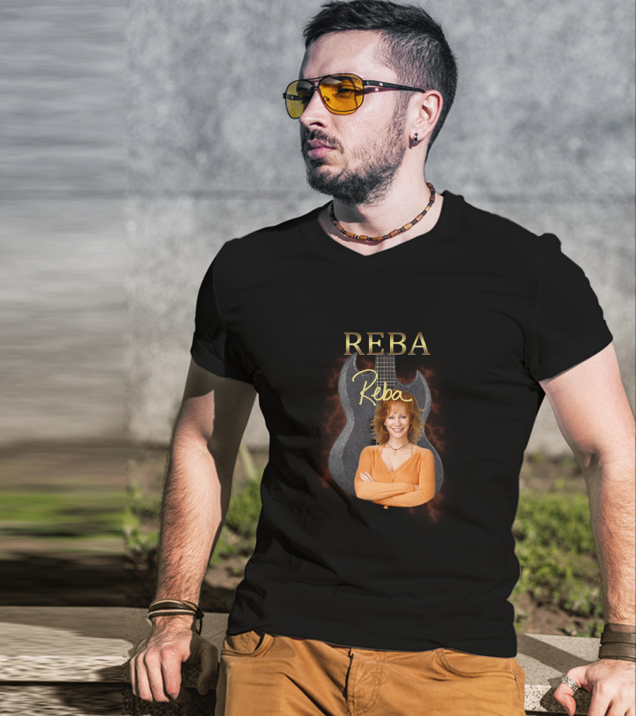REBA Signature Guitar With Portrait On Black Electric Background T-Shirt