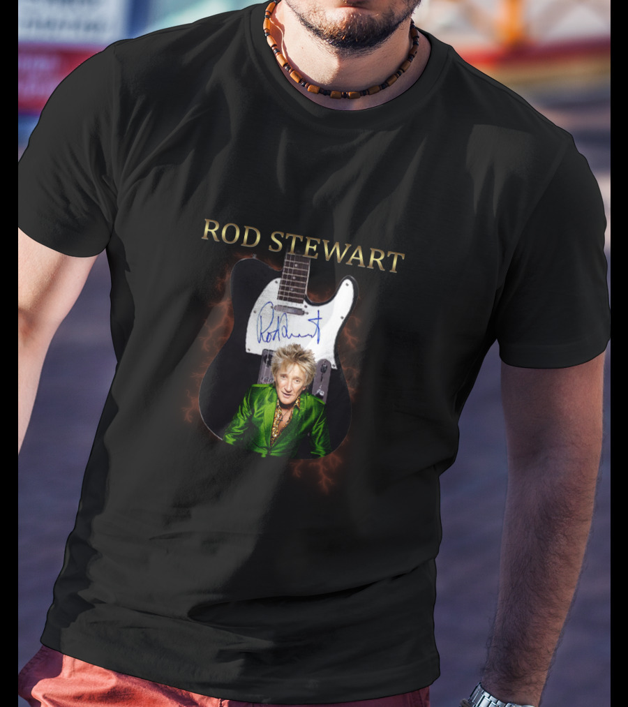 Rod Stewart Signature Guitar Image With Autograph T-Shirt