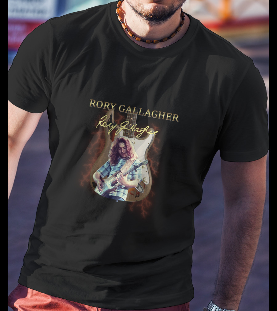 Rory Gallagher Signature Guitar With Lightning And Performer Image T-Shirt