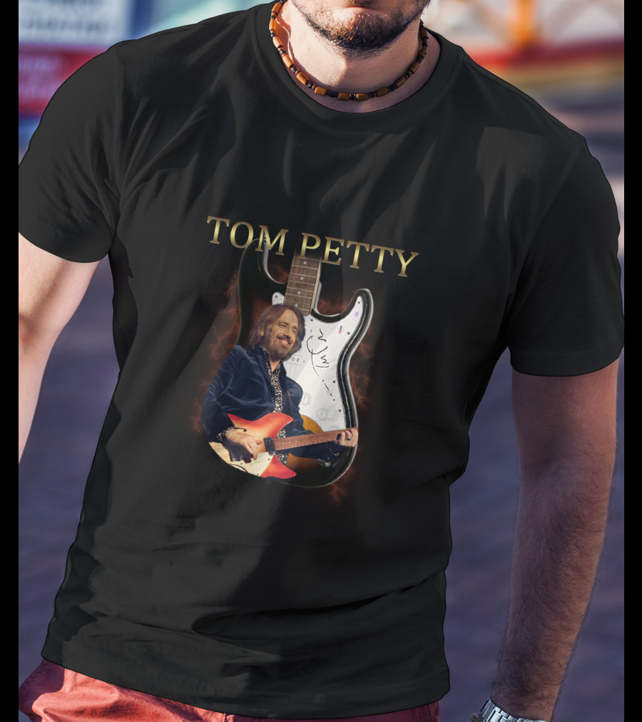TOM PETTY Signature Guitar Image With Artist Playing Electric Guitar T-Shirt
