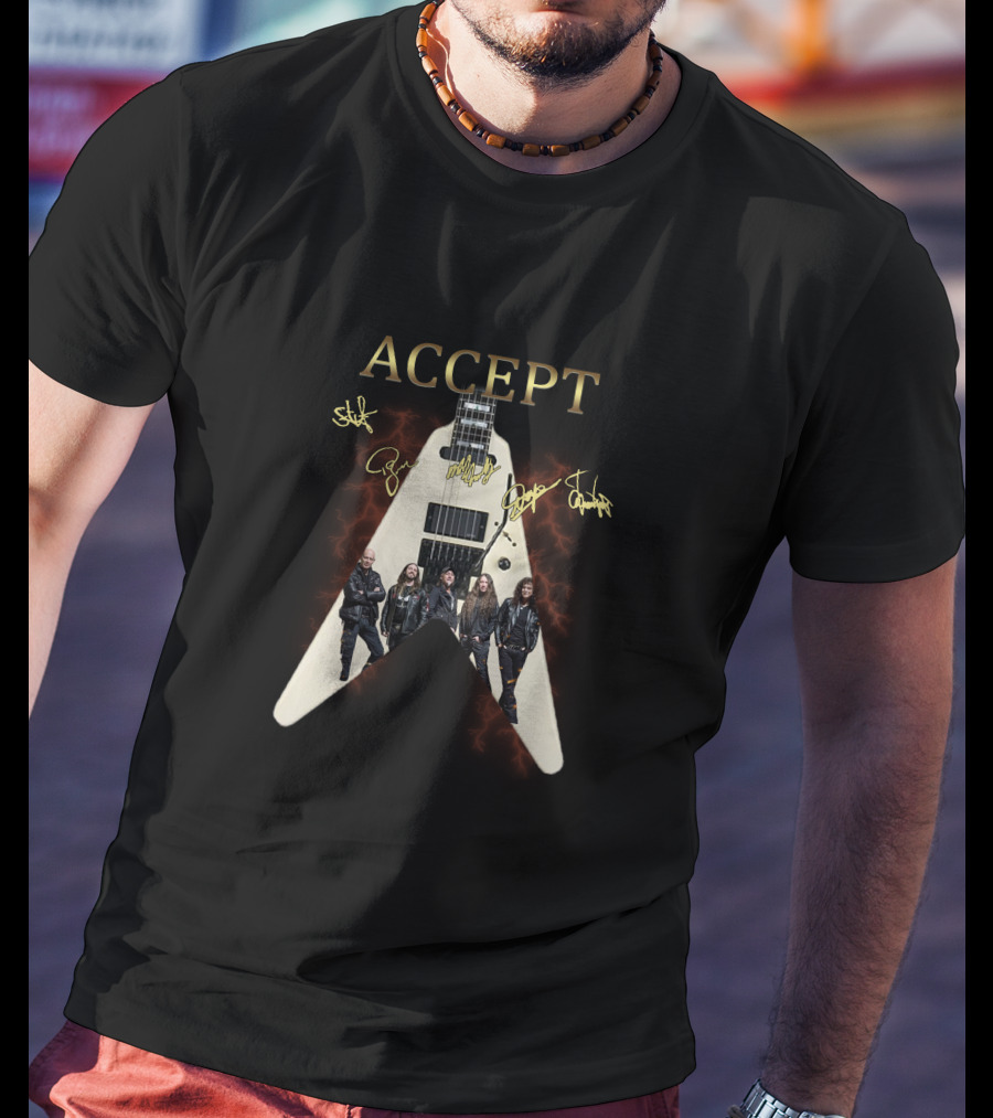 Accept Band Signature Guitar With Group Portrait And Lightning Effects T-Shirt