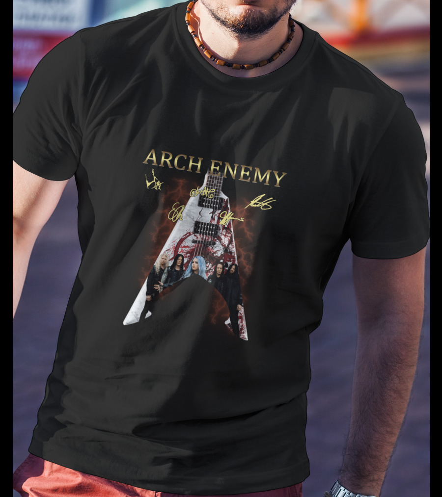 Arch Enemy Signature Guitar Band Signatures And Group Photo T-Shirt
