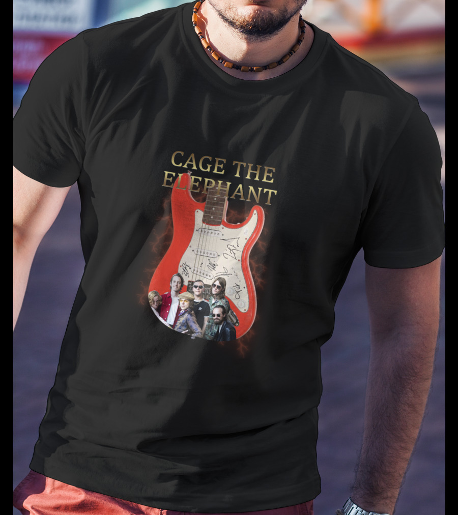Cage The Elephant Red Electric Guitar Signatures And Band Montage T-Shirt