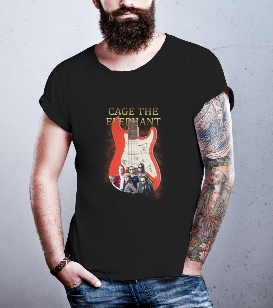 Cage The Elephant Red Electric Guitar Signatures And Band Montage T-Shirt
