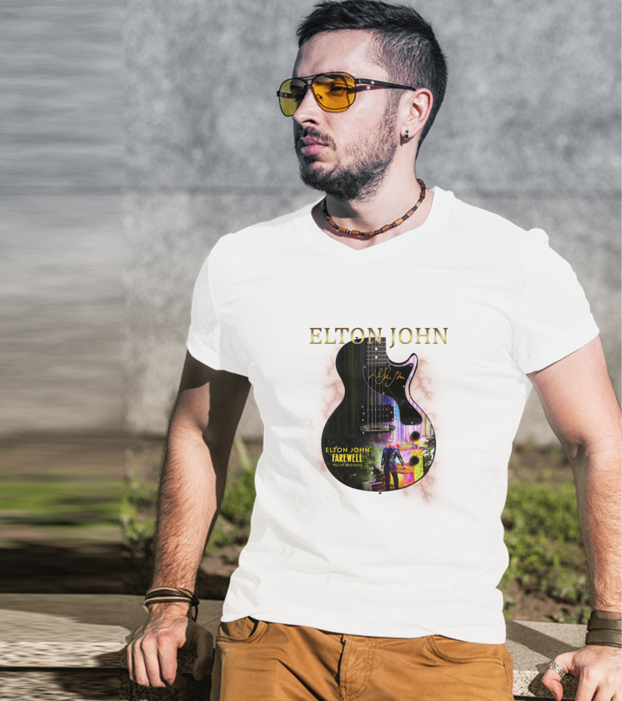 ELTON JOHN Signature Guitar Farewell Yellow Brick Road T-Shirt