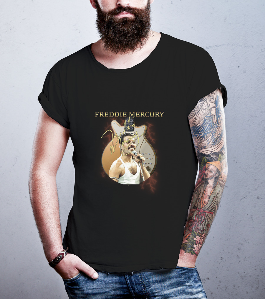 FREDDIE MERCURY Signature With Guitar And Microphone T-Shirt