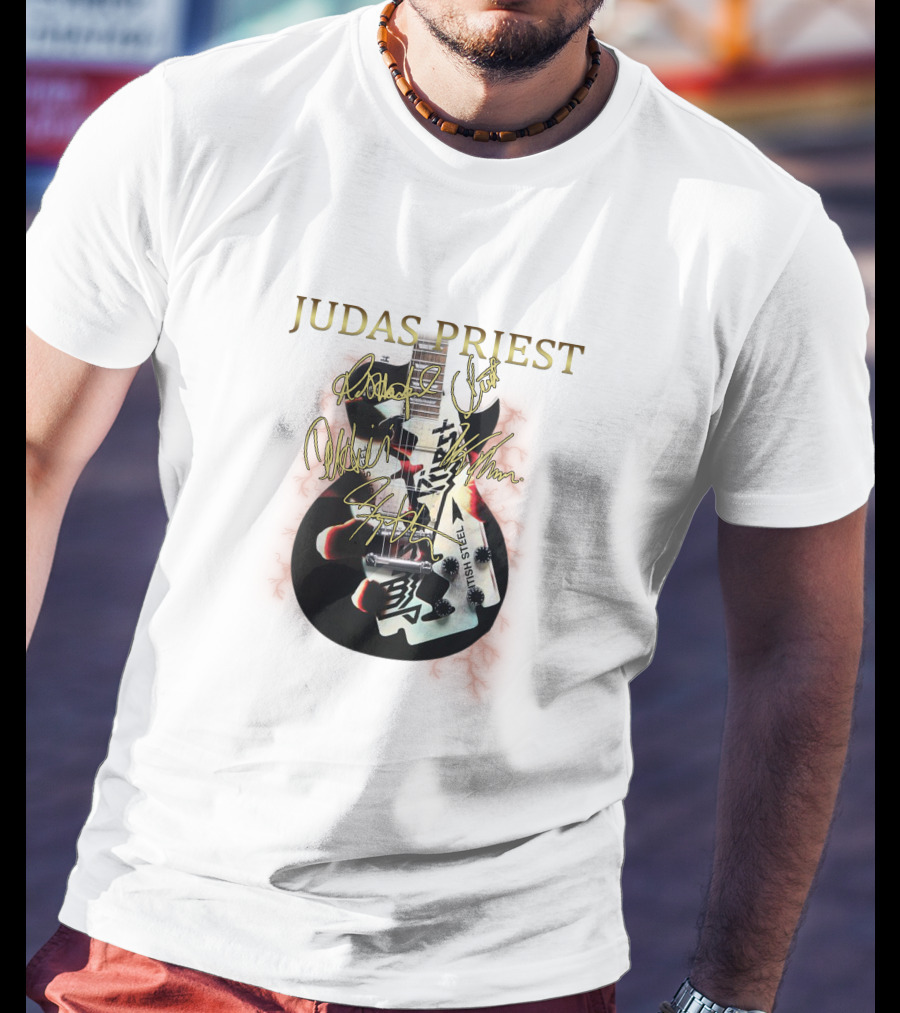 Judas Priest High Steel Guitar Signed By Band Members T-Shirt