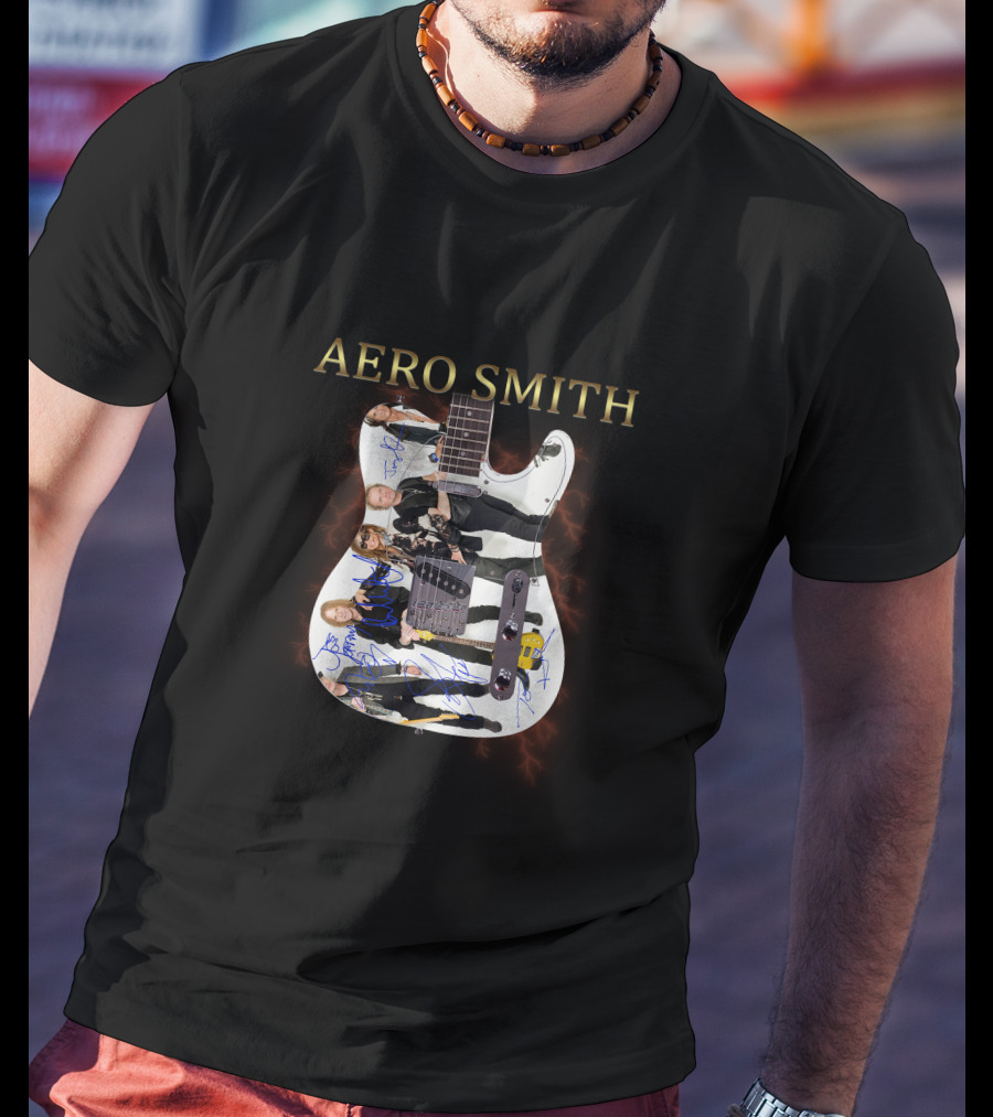 Aero Smith Band Members Signature Electric Guitar T-Shirt