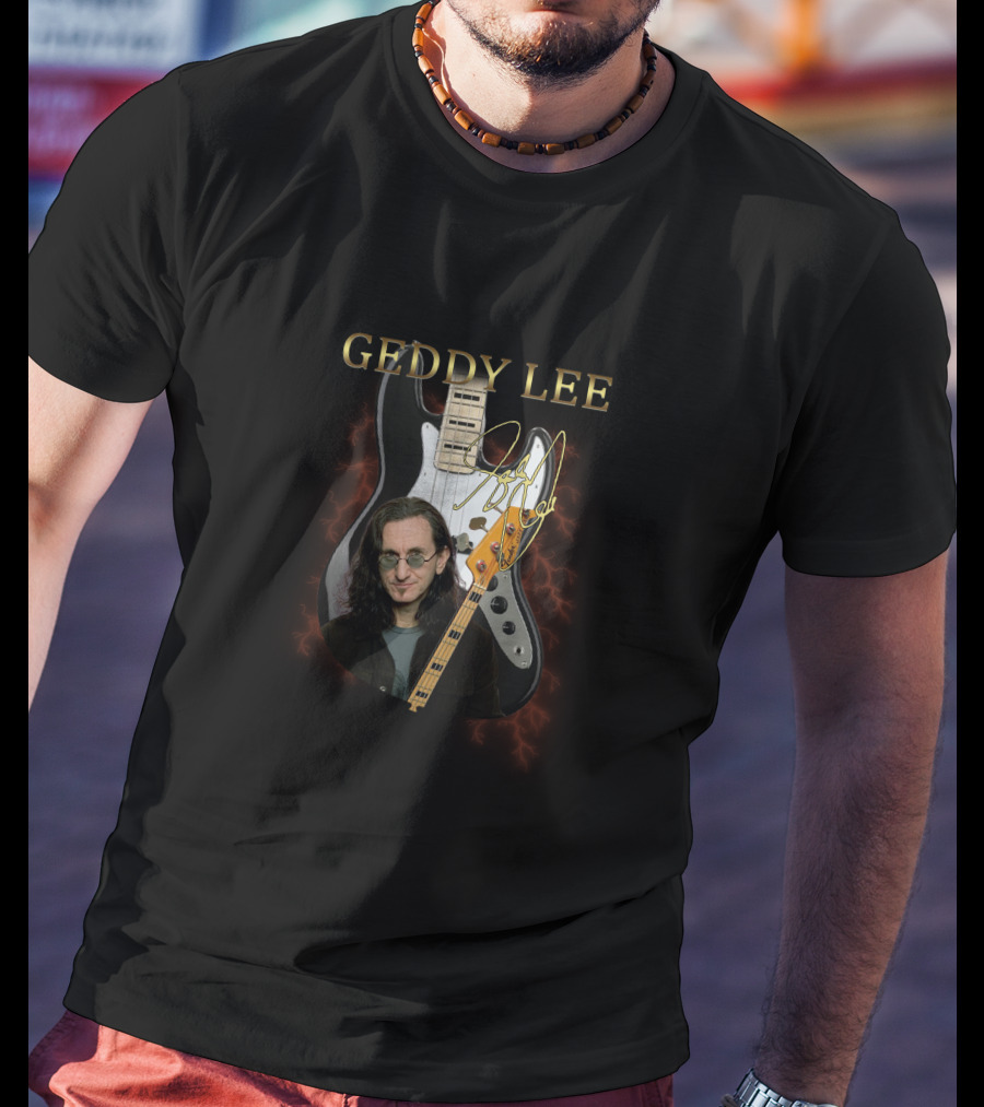 GEDDY LEE Signature Guitar Image With Electric Bass Lightning Effect T-Shirt