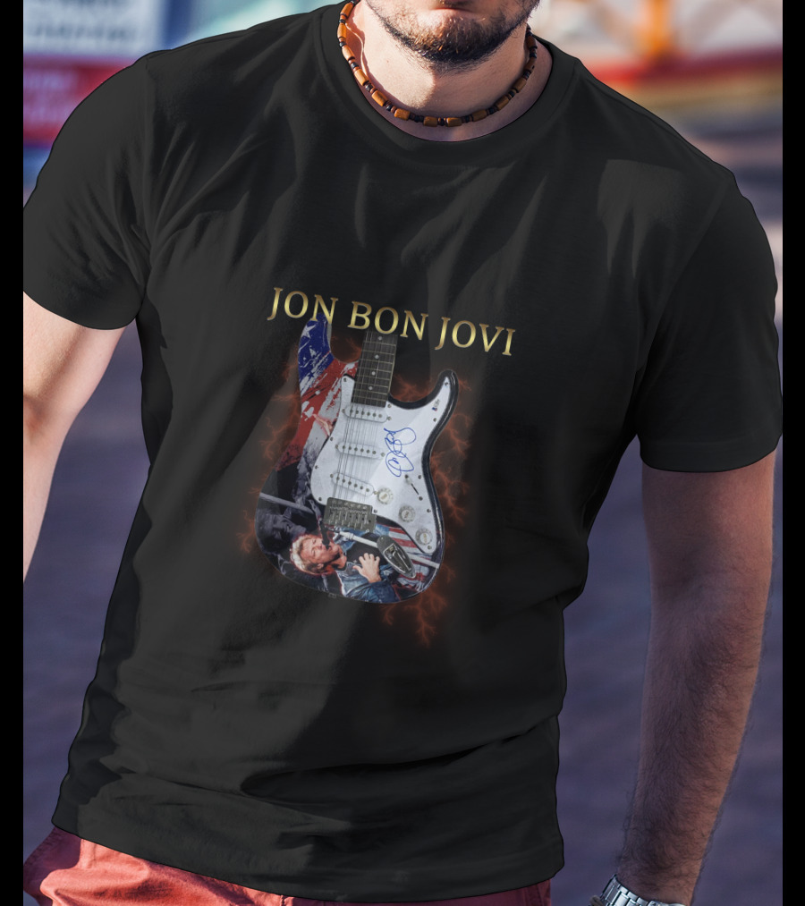 JON BON JOVI Signature Electric Guitar With American Flag And Live Performance T-Shirt