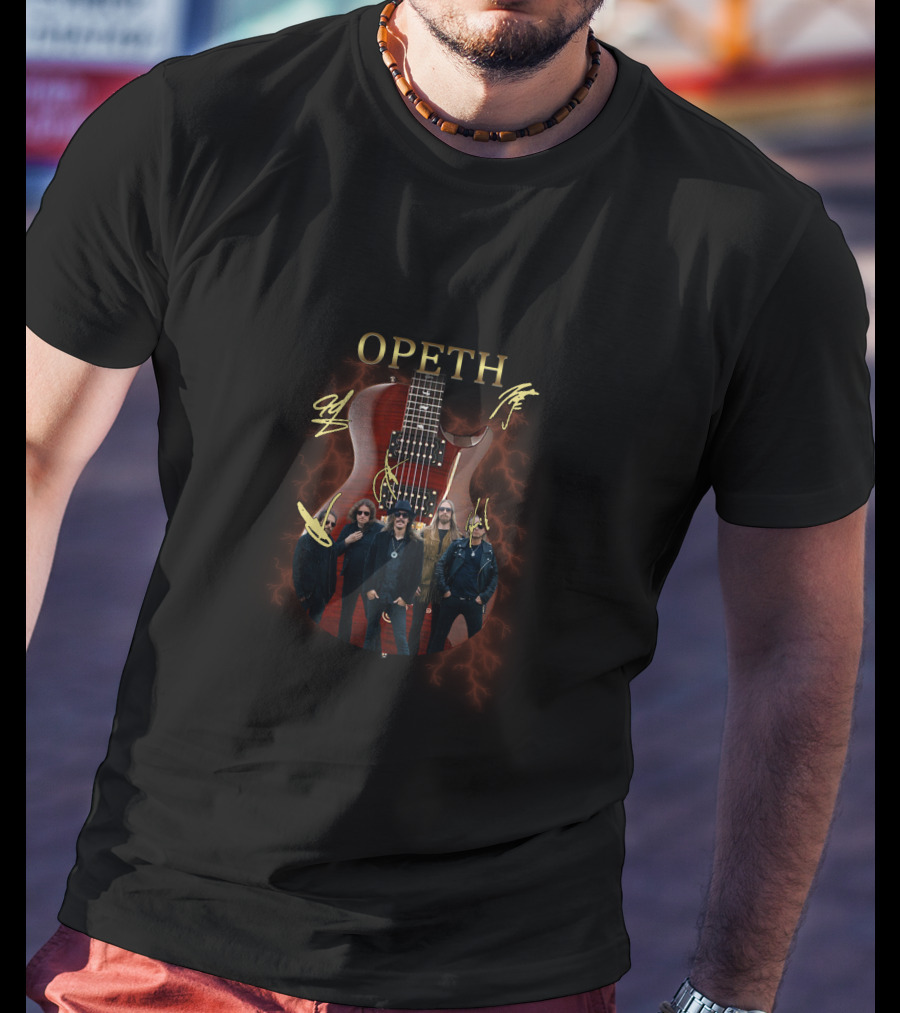 Opeth Signed Guitar With Band Members And Lightning Background T-Shirt