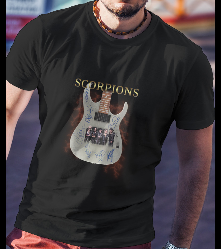 Scorpions Guitar With Band Photo And Signatures T-Shirt