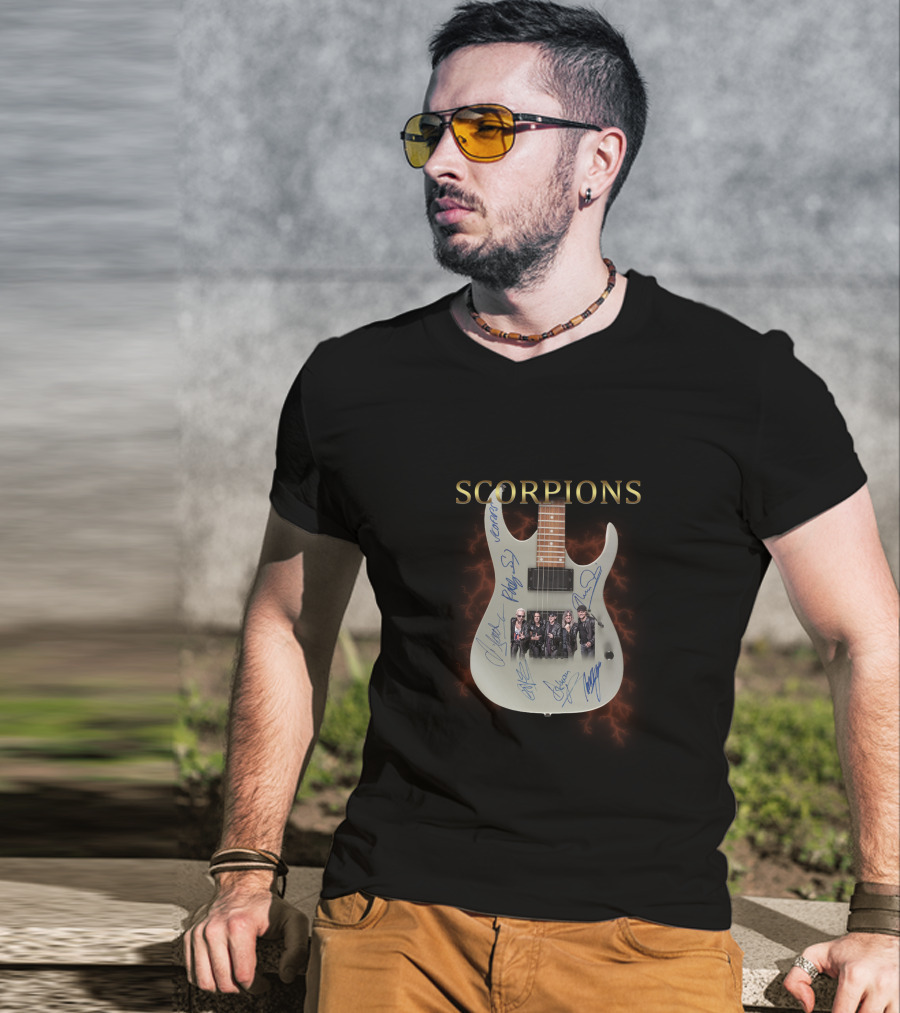 Scorpions Guitar With Band Photo And Signatures T-Shirt