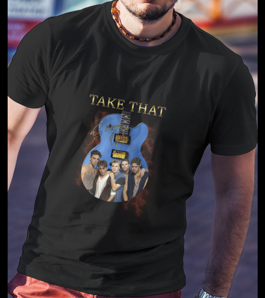 Take That Group Photo With Blue Guitar And Signatures T-Shirt